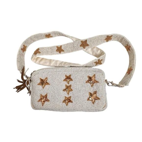 Beaded White Gold Star Crossbody Handbag Purse Rockstar Removeable Strap Bridal - Picture 2 of 16